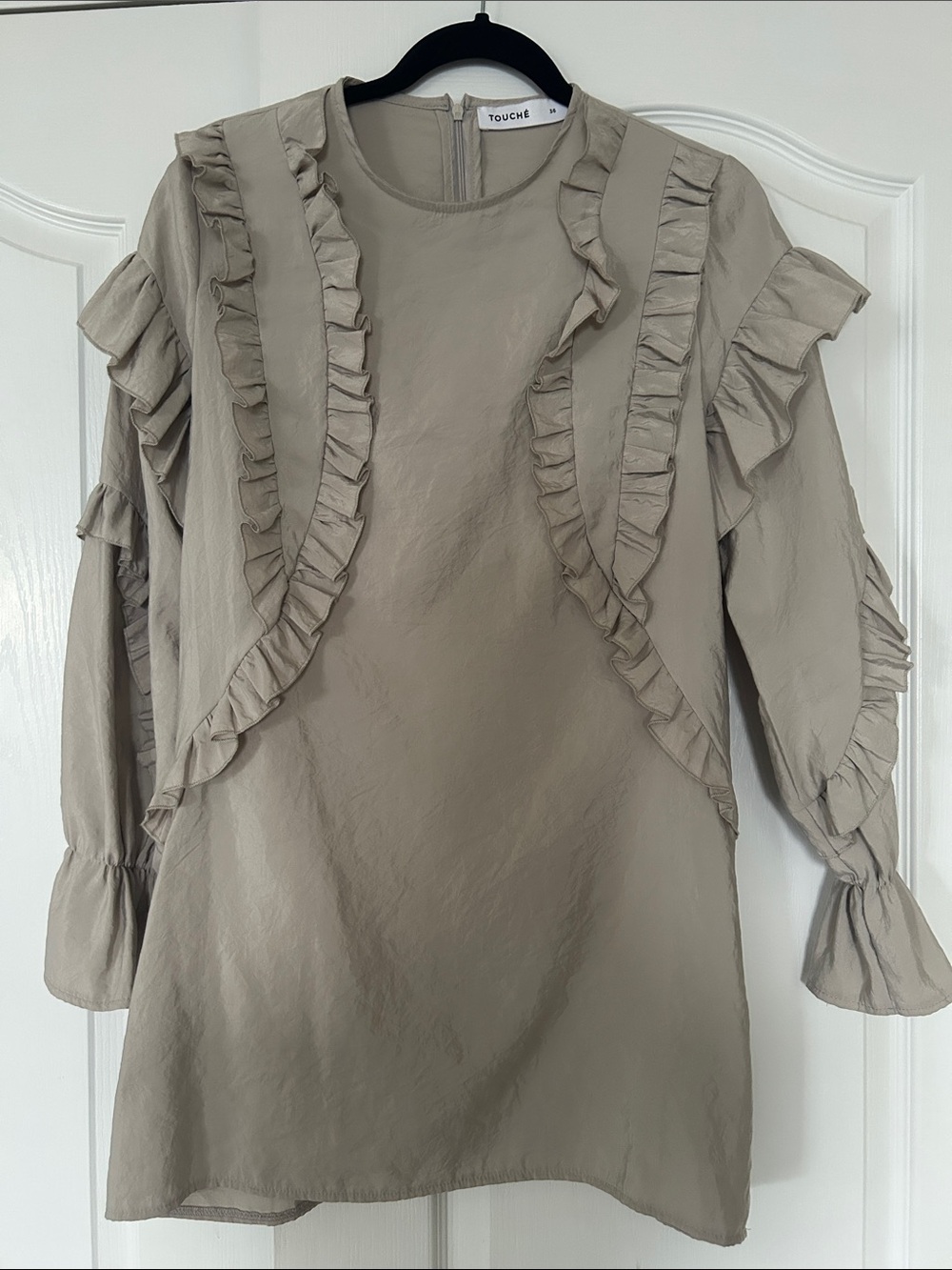 TOUCHE Taupe Ruffle-Trim Long Sleeve Formal Top